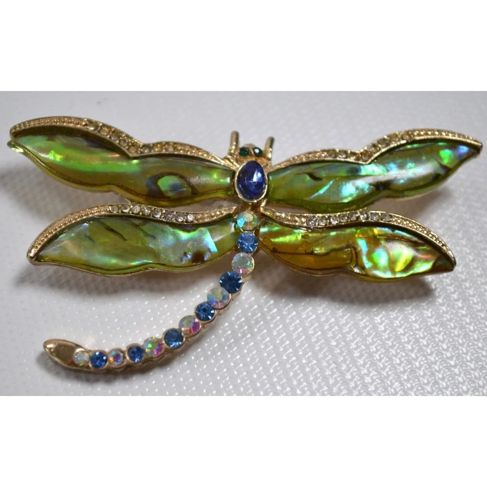 Vintage Kenneth‎ Cole Dragonfly Brooch / Pin Abalone & Rhinestones 2.75